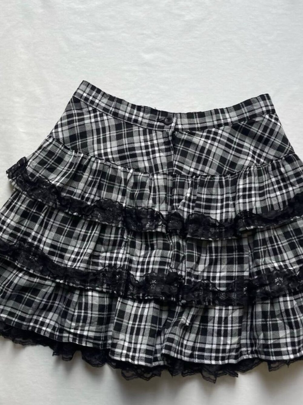 Black & White Plaid Mini Skirt – Tiered Ruffle Lace Trim Y2K Preppy Skirt - Picture 2 of 5